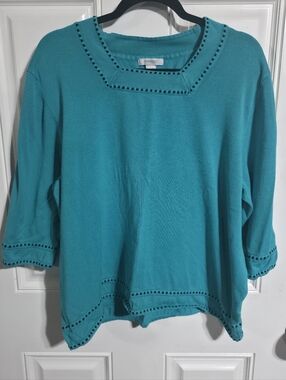 Dress Barn Women's Bright Teal Faux Embroidered Trim Knit Top Size 22/24